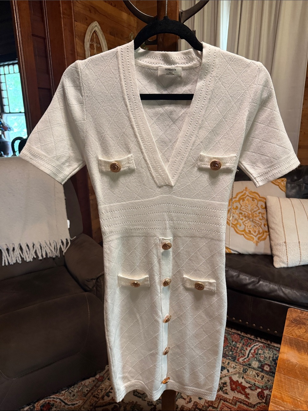 White V-Neck Short Sleeve Midi Dress with Gold Buttons